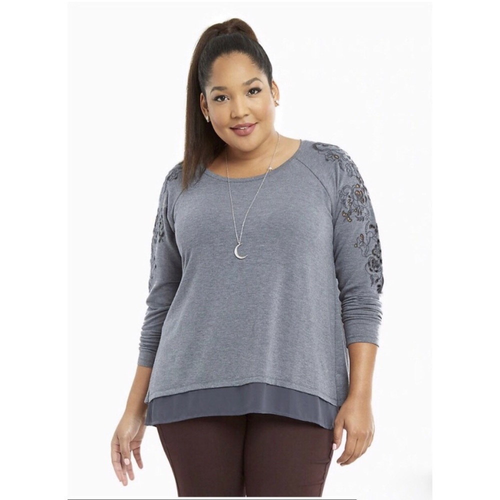 Torrid Embroidered Sleeve Chiffon Back Sweater - 0X